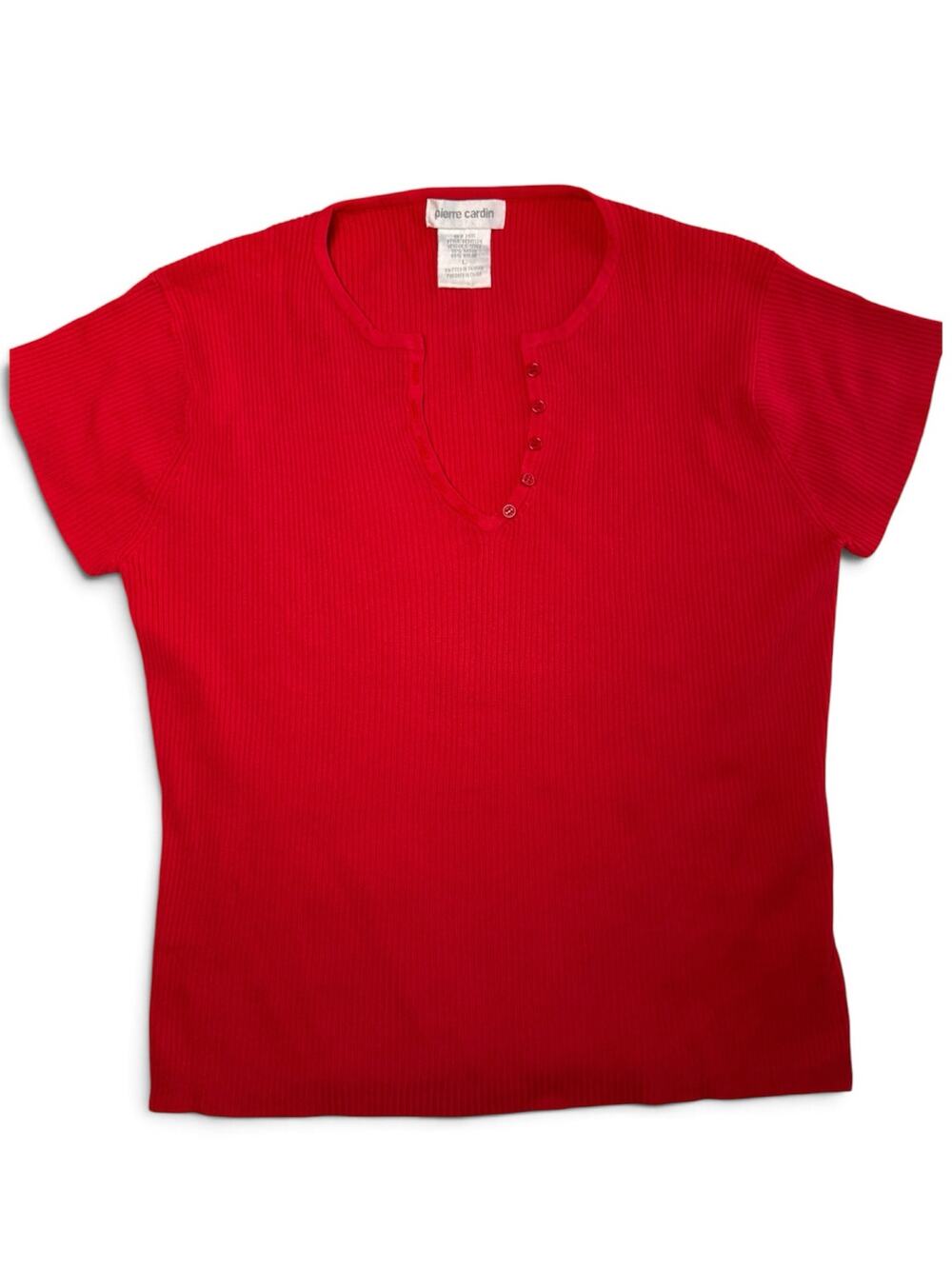 Vintage Pierre Cardin Red Ribbed Knit Henley Top Womens Large Y2K Minimalist